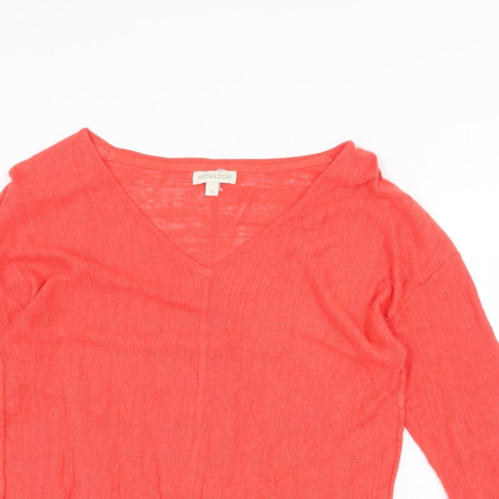 Monsoon Womens Red Linen Basic Blouse Size 10 V-Neck