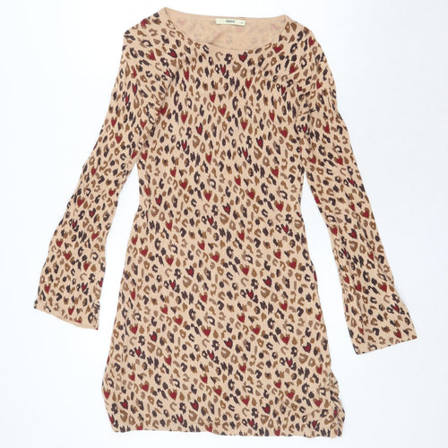 Oasis Womens Beige Animal Print Cotton Jumper Dress Size XS Round Neck Pullover - Leopard Pattern