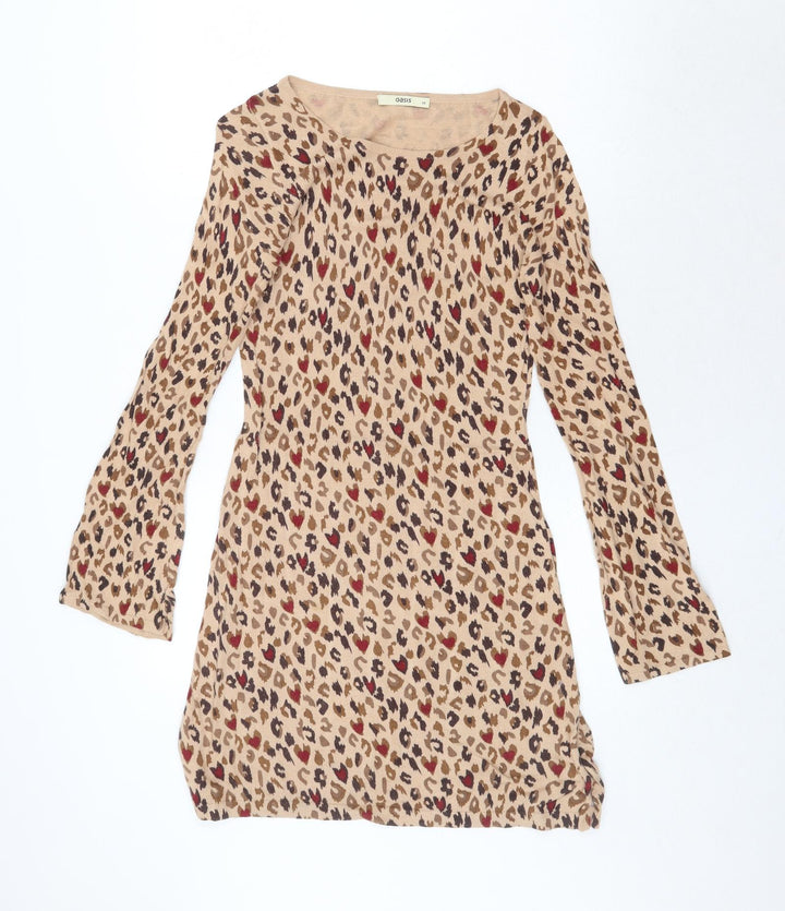 Oasis Womens Beige Animal Print Cotton Jumper Dress Size XS Round Neck Pullover - Leopard Pattern