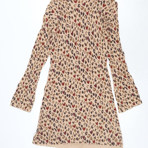 Oasis Womens Beige Animal Print Cotton Jumper Dress Size XS Round Neck Pullover - Leopard Pattern
