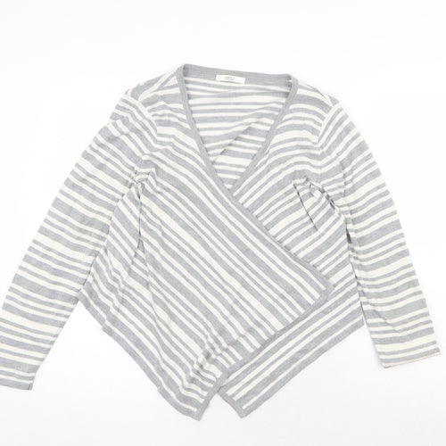 Marks and Spencer Womens Grey V-Neck Striped Acrylic Cardigan Jumper Size 12