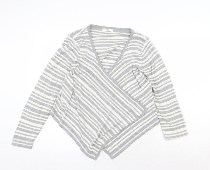 Marks and Spencer Womens Grey V-Neck Striped Acrylic Cardigan Jumper Size 12