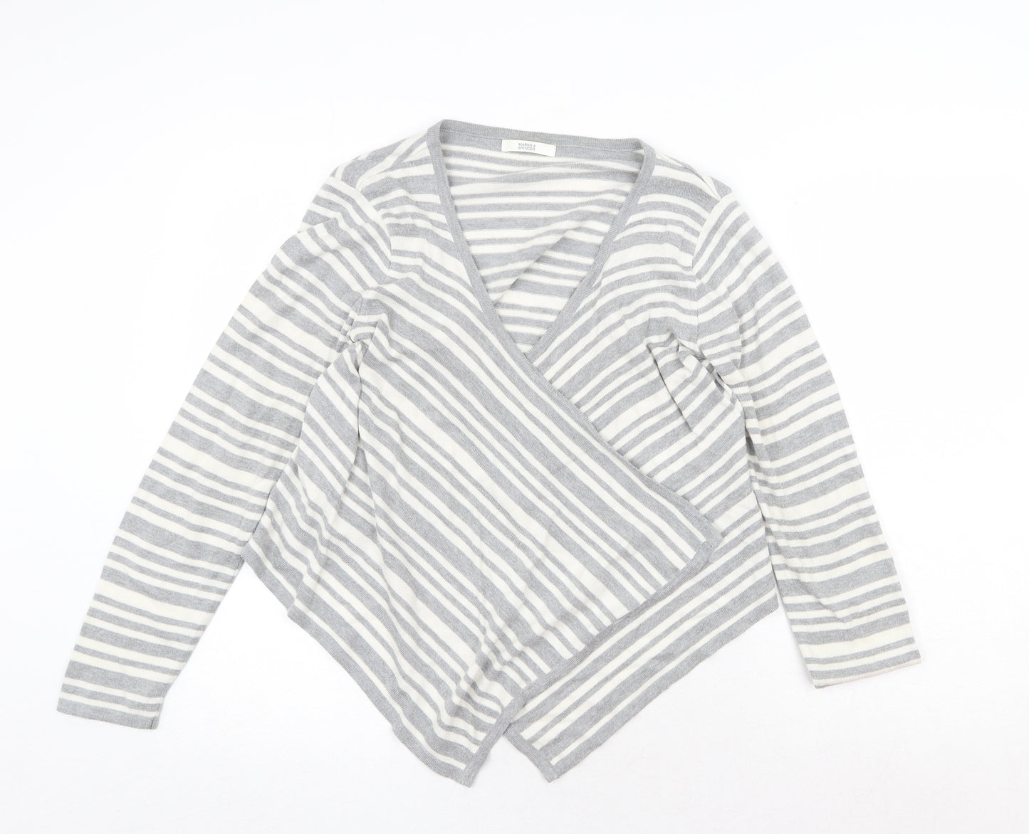 Marks and Spencer Womens Grey V-Neck Striped Acrylic Cardigan Jumper Size 12