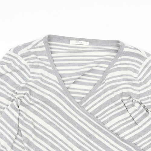 Marks and Spencer Womens Grey V-Neck Striped Acrylic Cardigan Jumper Size 12