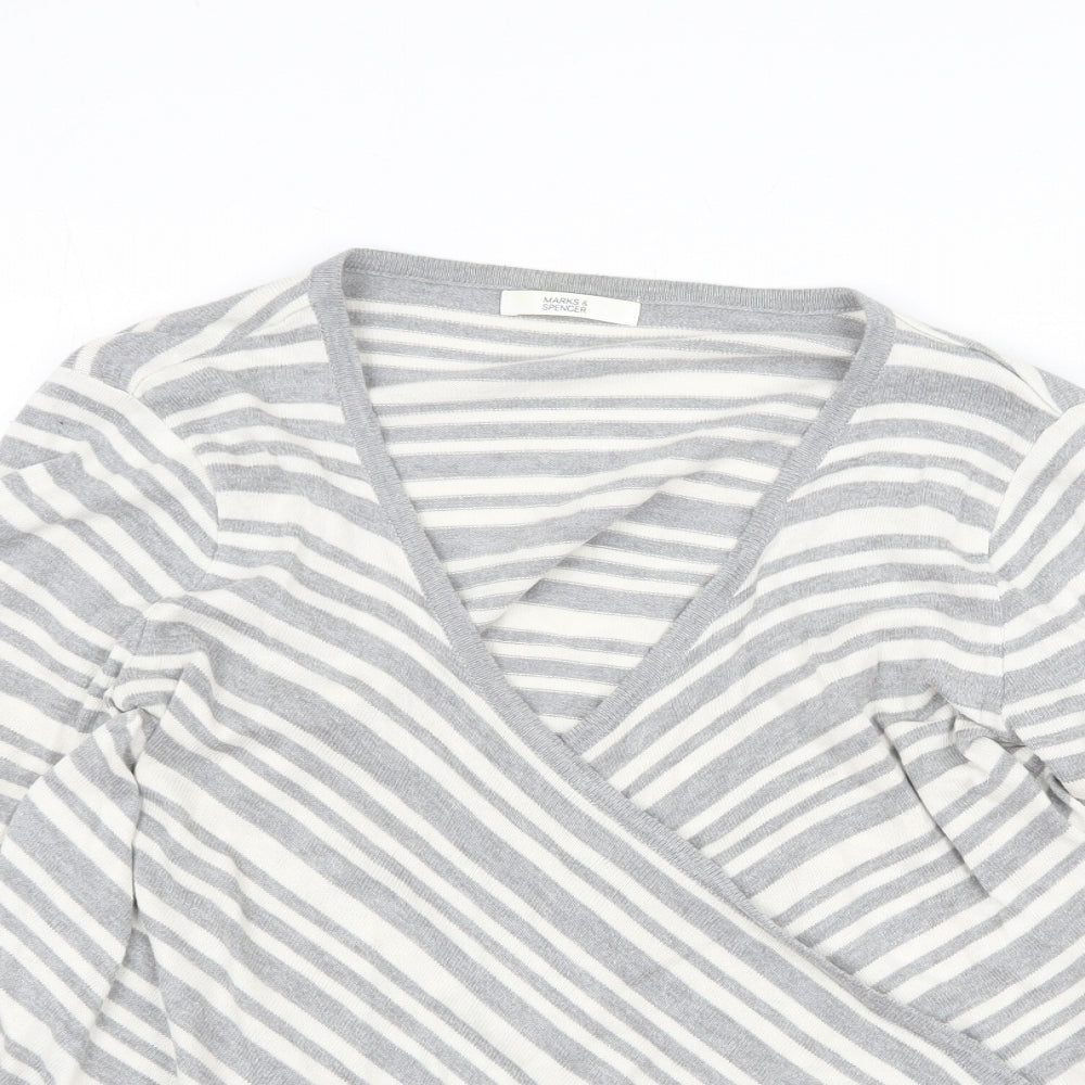 Marks and Spencer Womens Grey V-Neck Striped Acrylic Cardigan Jumper Size 12