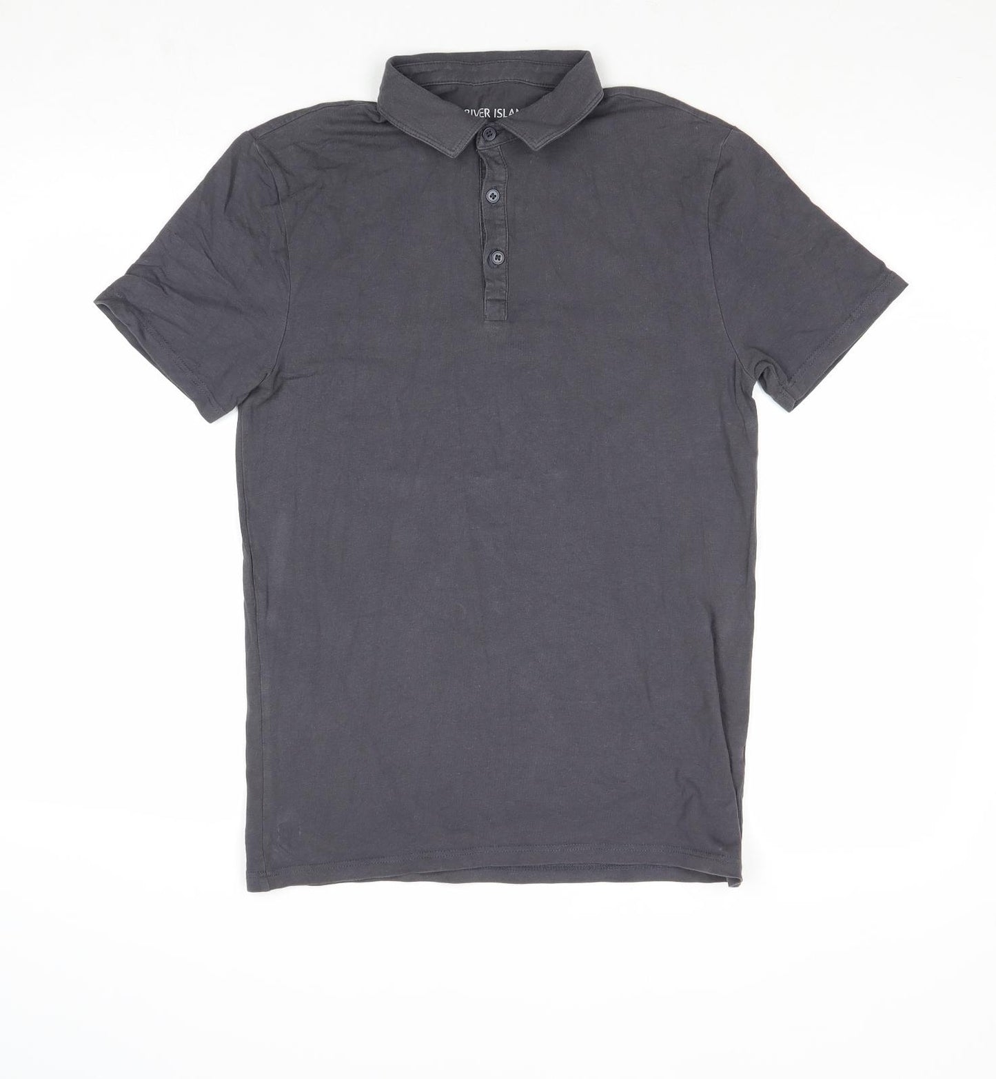 River Island Mens Grey Cotton Polo Size M Collared Button