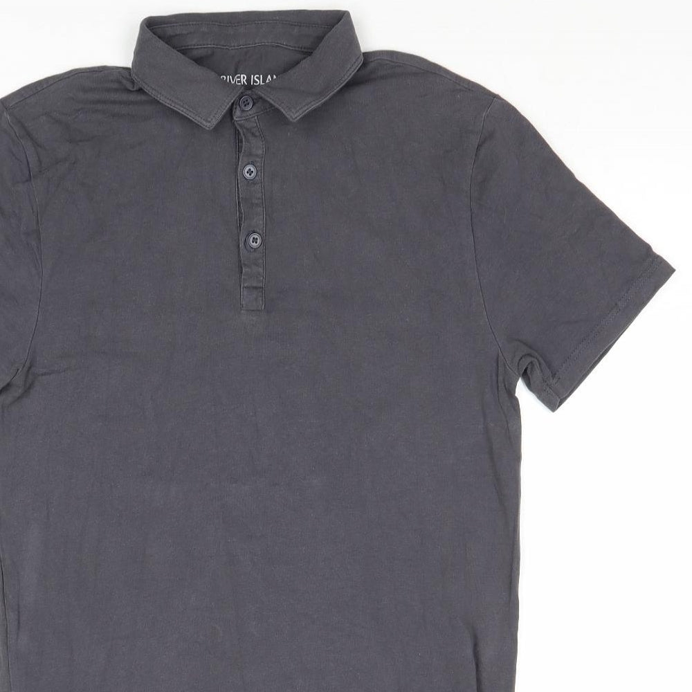 River Island Mens Grey Cotton Polo Size M Collared Button