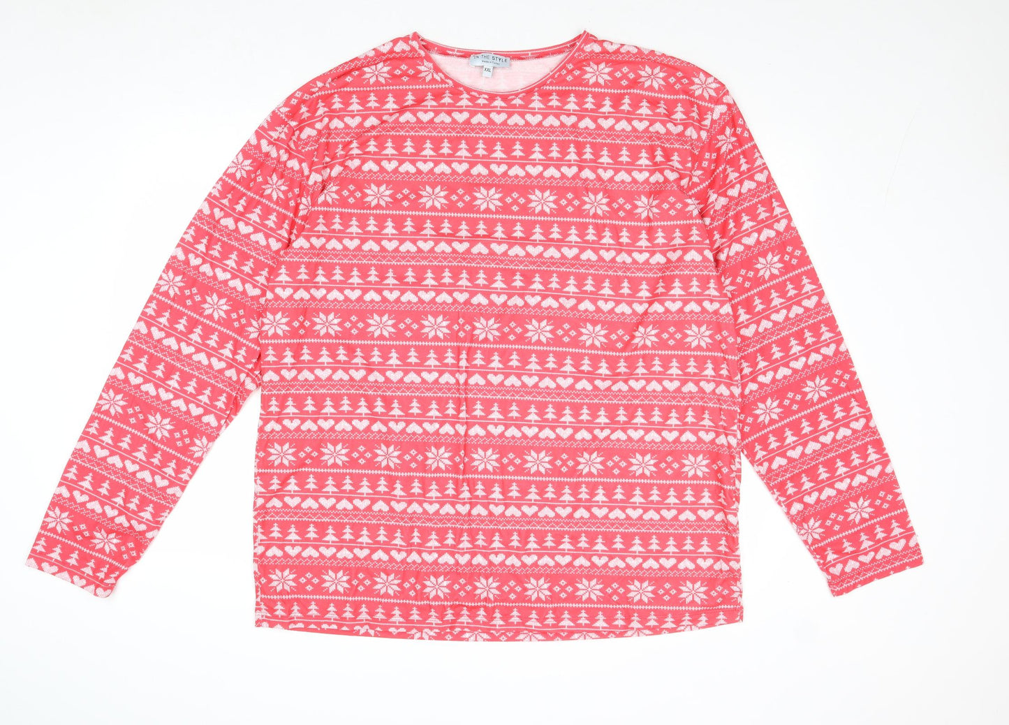In the Style Womens Red Geometric Polyester Basic Blouse Size 2XL Round Neck - Christmas