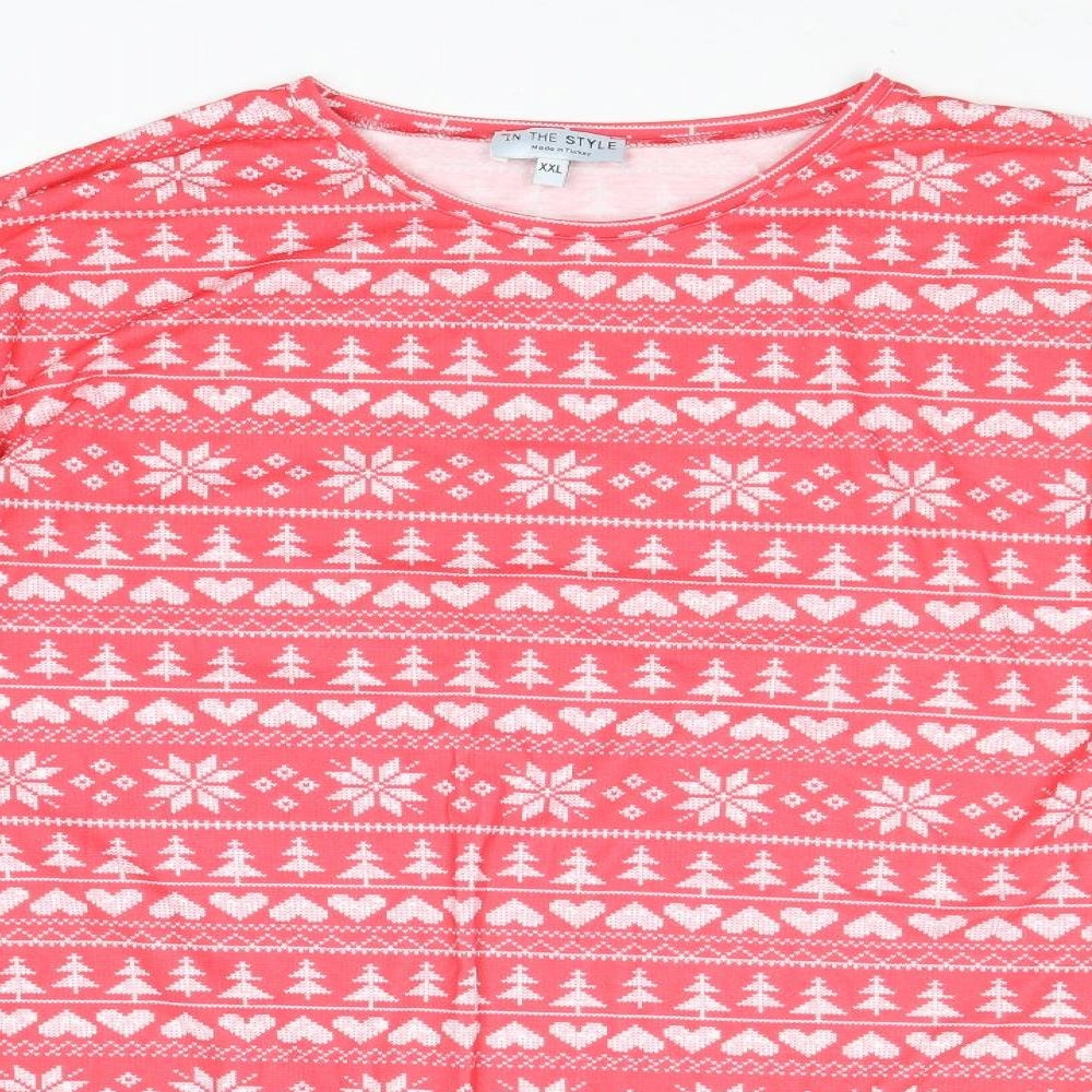 In the Style Womens Red Geometric Polyester Basic Blouse Size 2XL Round Neck - Christmas