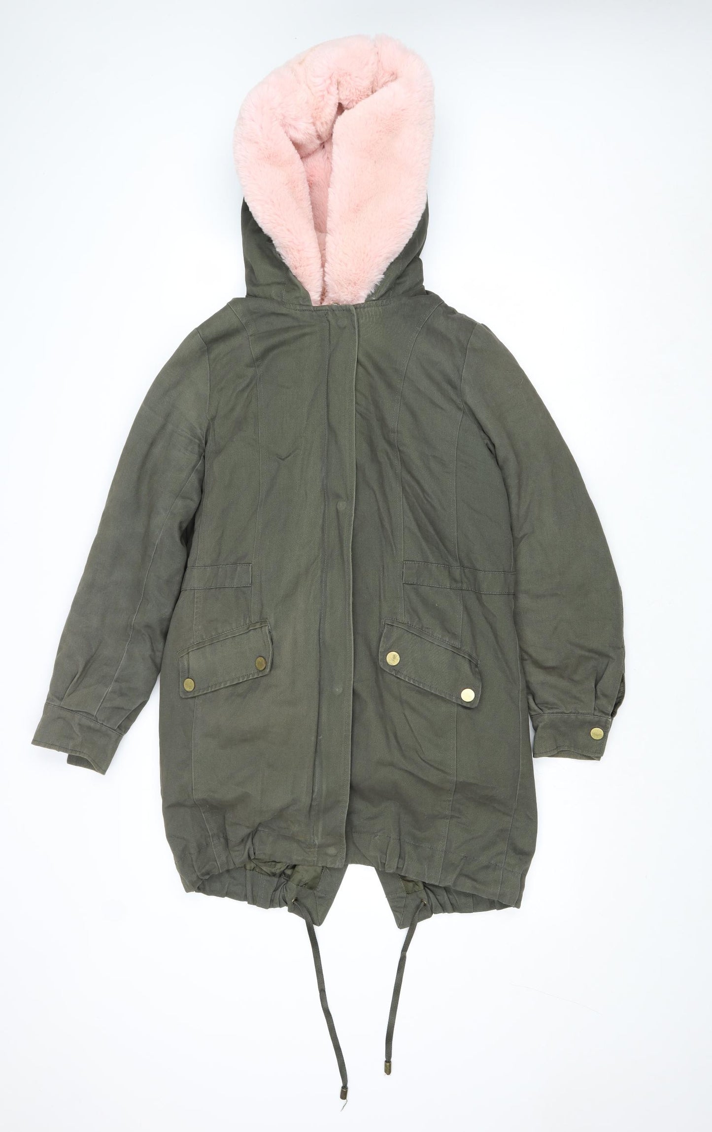 On Parle De Vous Womens Green Parka Coat Size 10 Zip - Removable Faux Fur Lining