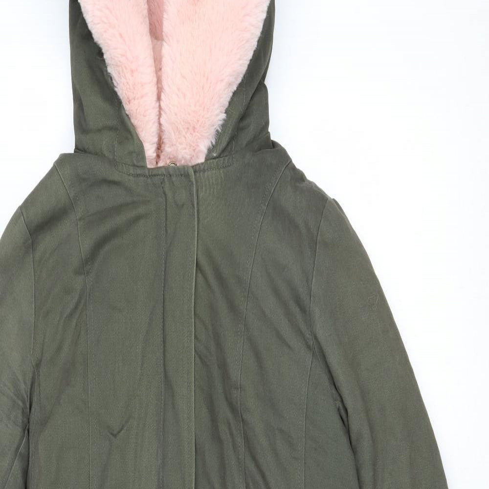 On Parle De Vous Womens Green Parka Coat Size 10 Zip - Removable Faux Fur Lining