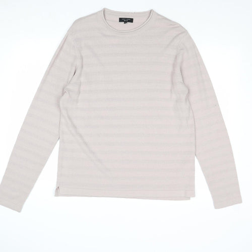 New Look Mens Beige Round Neck Striped Acrylic Pullover Jumper Size M Long Sleeve
