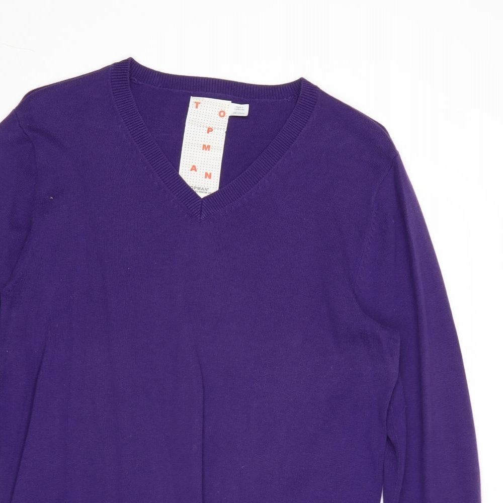 Topman Mens Purple V-Neck Cotton Pullover Jumper Size S Long Sleeve