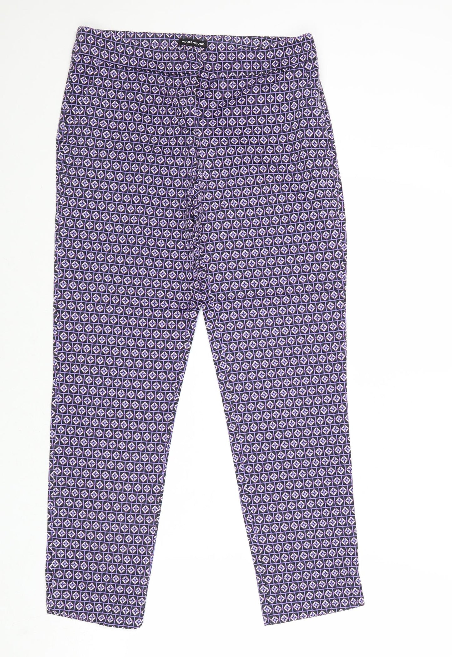 Warehouse Womens Purple Geometric Cotton Trousers Size 8 Regular Zip
