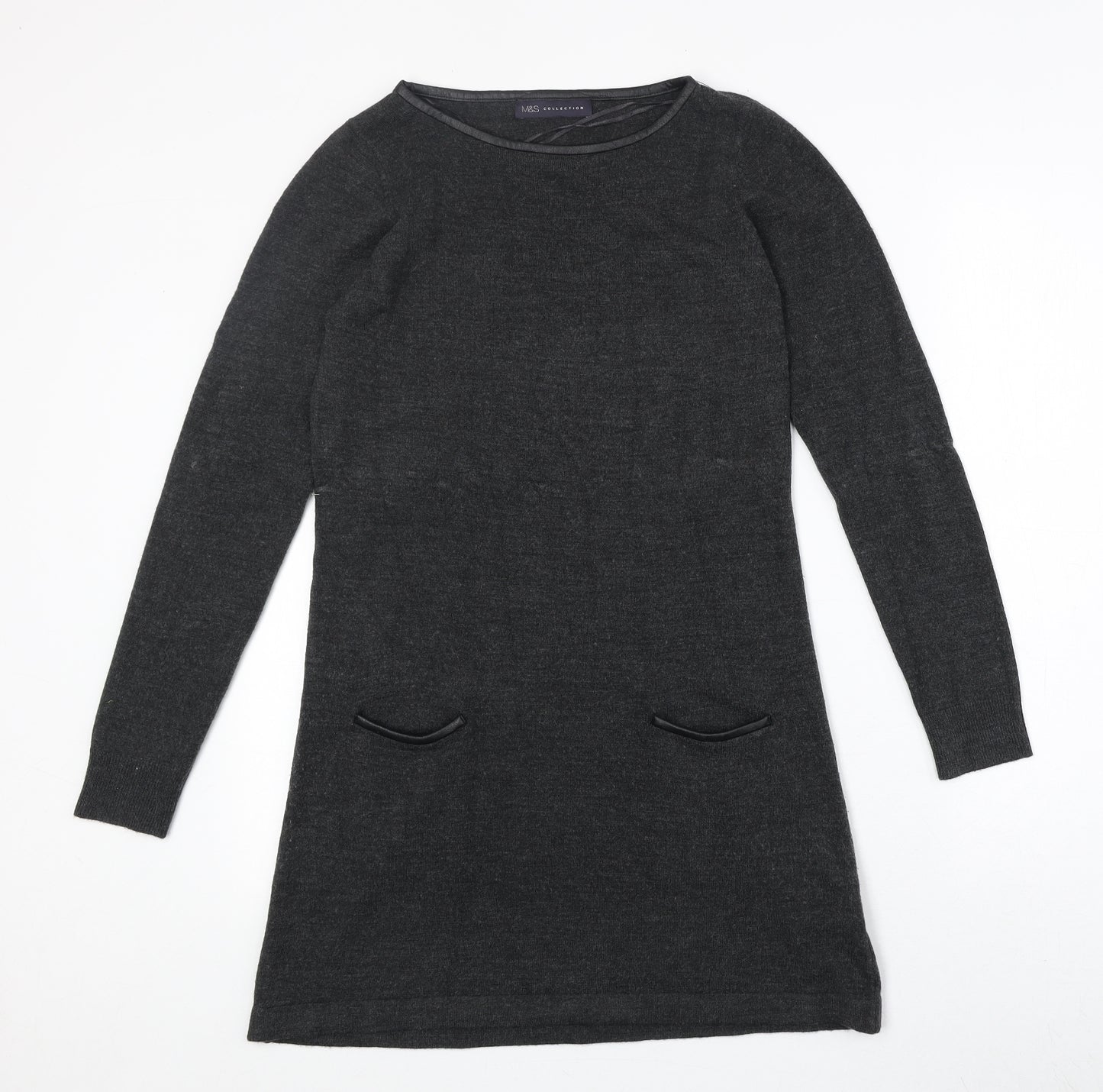 Marks and Spencer Womens Grey Acrylic Jumper Dress Size 8 Round Neck Pullover