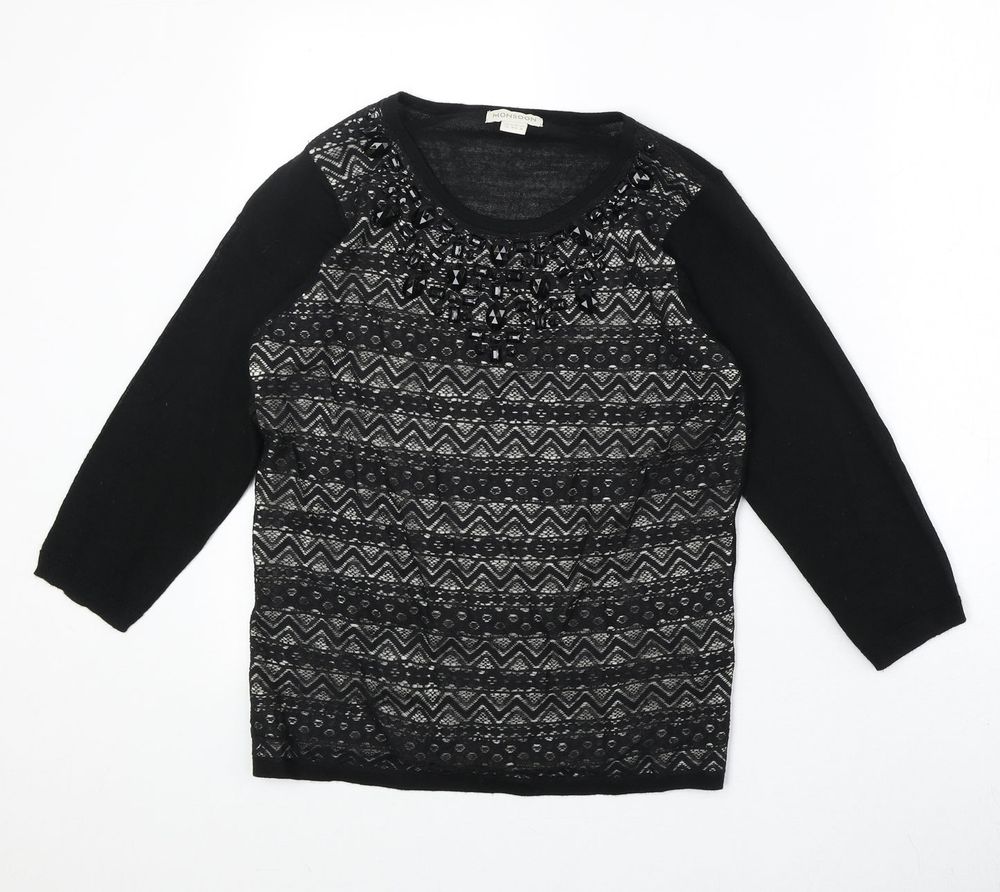 Monsoon Womens Black Boat Neck Geometric Acrylic Pullover Jumper Size 12 - Embellished Neckline