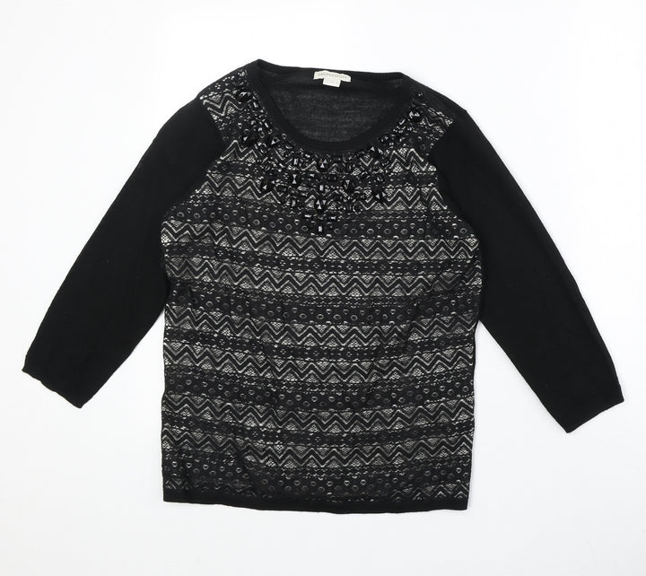 Monsoon Womens Black Boat Neck Geometric Acrylic Pullover Jumper Size 12 - Embellished Neckline