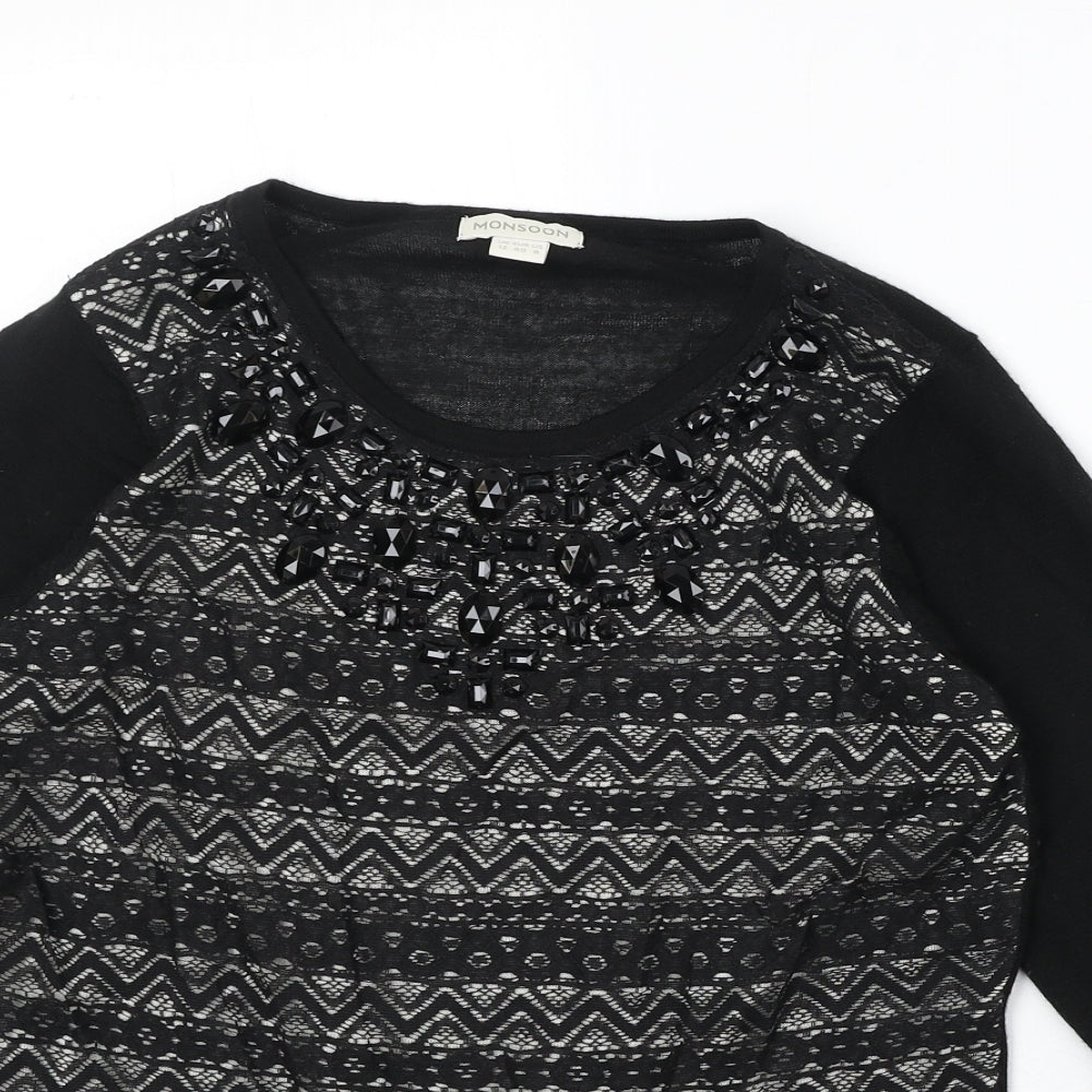 Monsoon Womens Black Boat Neck Geometric Acrylic Pullover Jumper Size 12 - Embellished Neckline