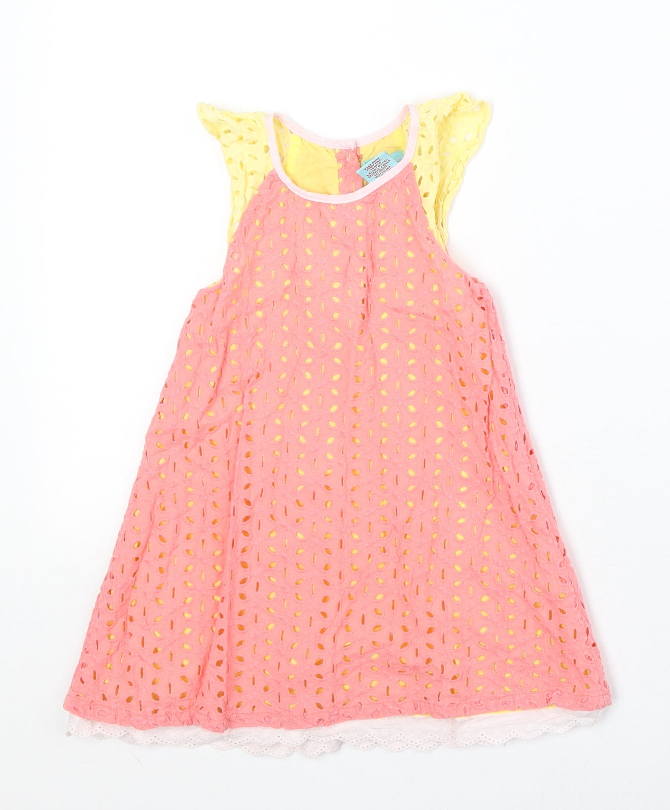 Piper & Posie Girls Pink Geometric Cotton A-Line Size 2-3 Years Round Neck Button - Broderie Anglaise