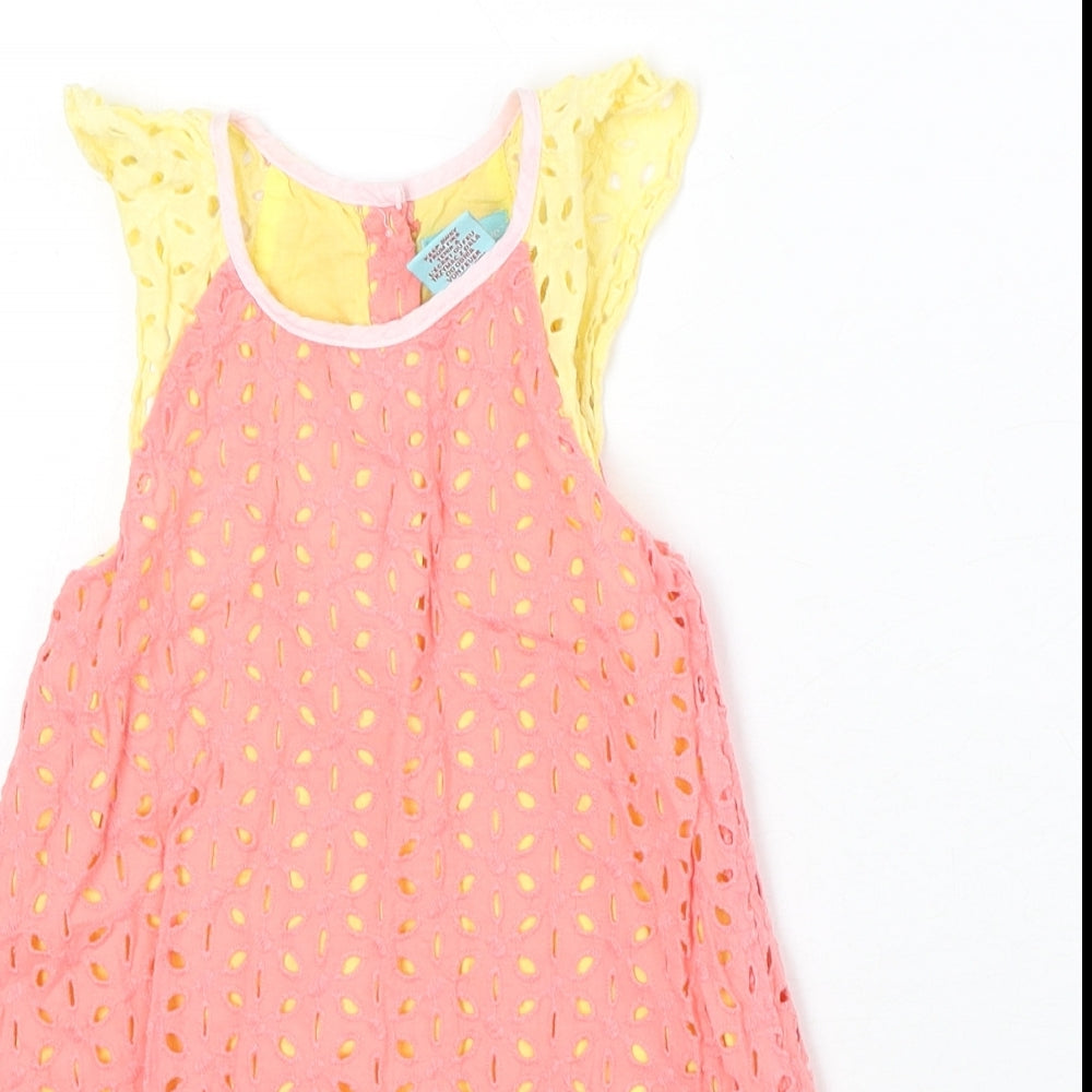 Piper & Posie Girls Pink Geometric Cotton A-Line Size 2-3 Years Round Neck Button - Broderie Anglaise