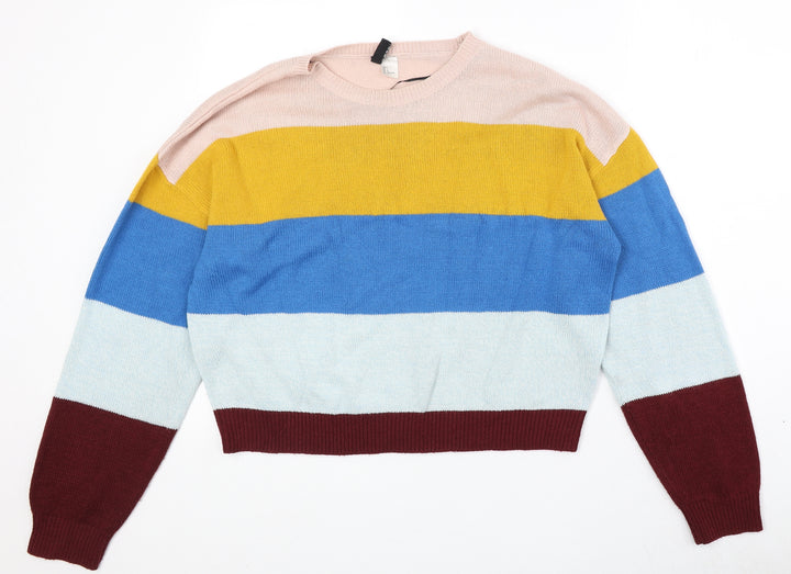 Divided by H&M Womens Multicoloured Round Neck Striped Acrylic Pullover Jumper Size L