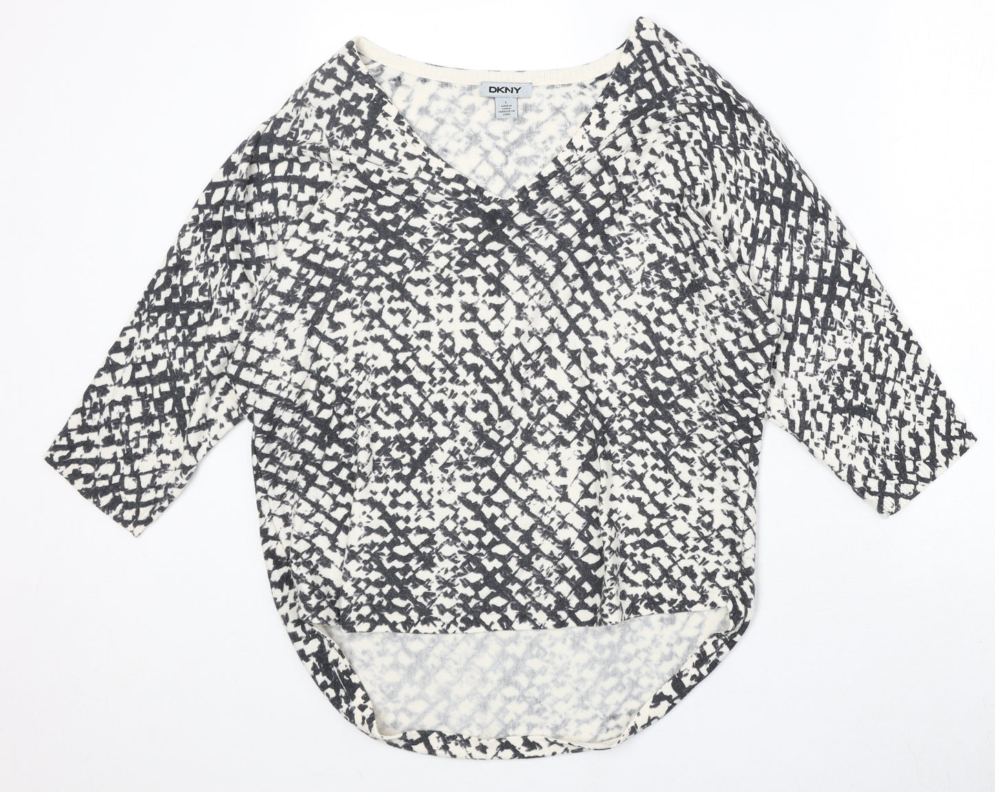 DNKY Womens Beige V-Neck Geometric Viscose Pullover Jumper Size L