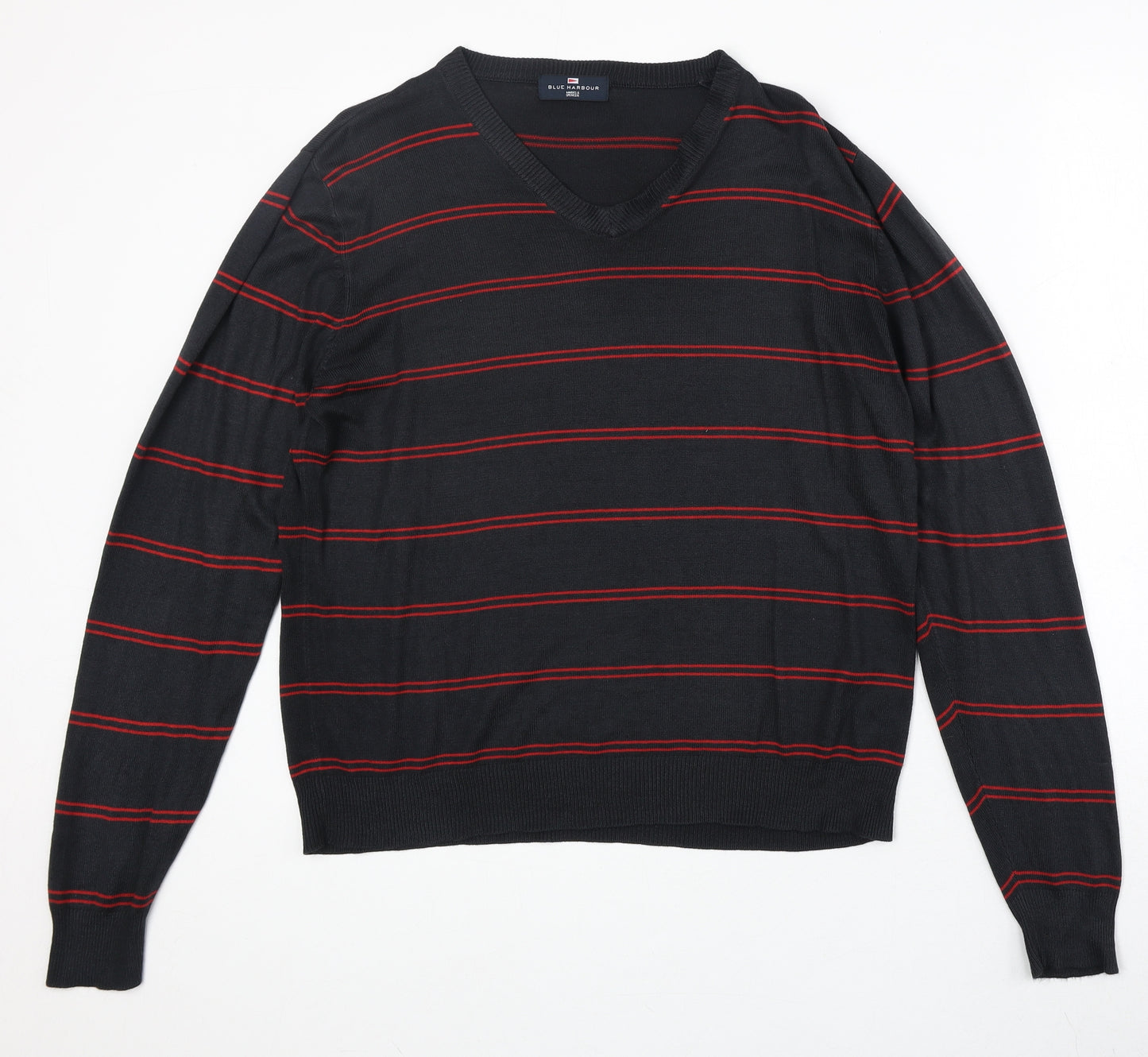 Marks and Spencer Mens Black V-Neck Striped Acrylic Pullover Jumper Size M Long Sleeve