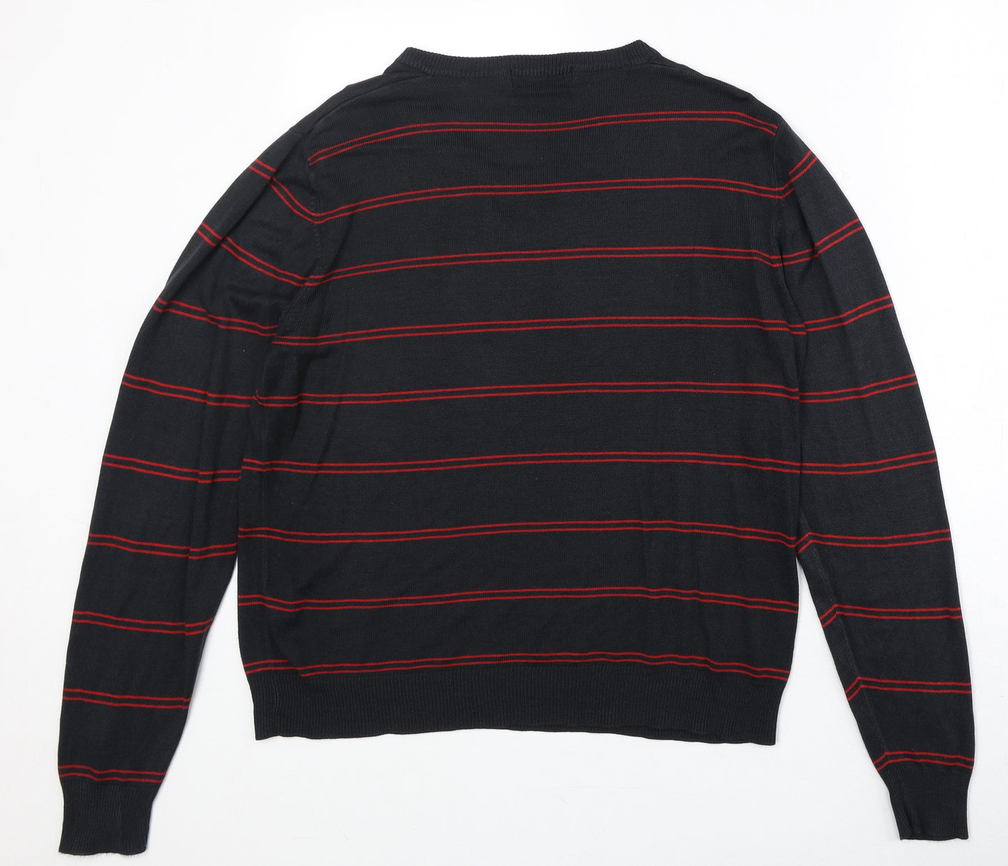 Marks and Spencer Mens Black V-Neck Striped Acrylic Pullover Jumper Size M Long Sleeve