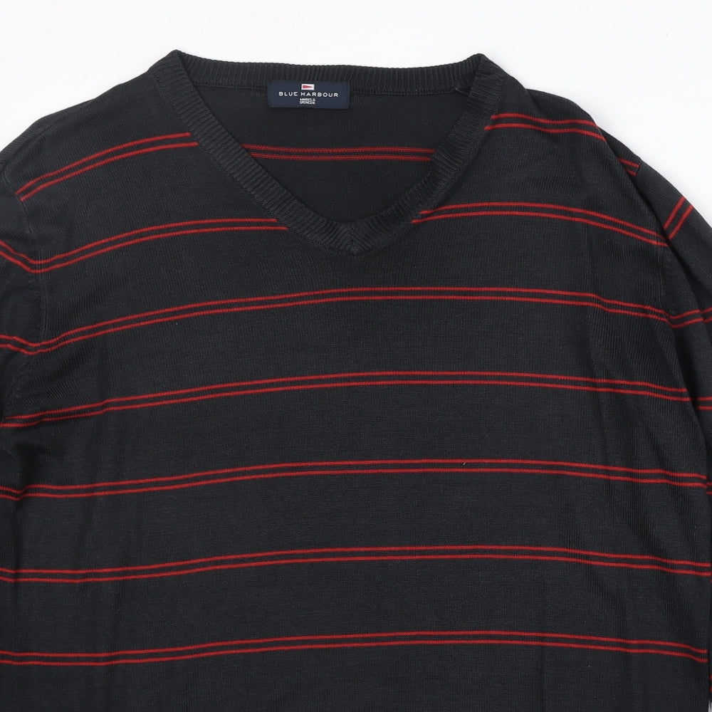 Marks and Spencer Mens Black V-Neck Striped Acrylic Pullover Jumper Size M Long Sleeve