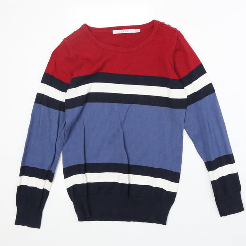 EWM Womens Multicoloured Round Neck Striped 100% Cotton Pullover Jumper Size S