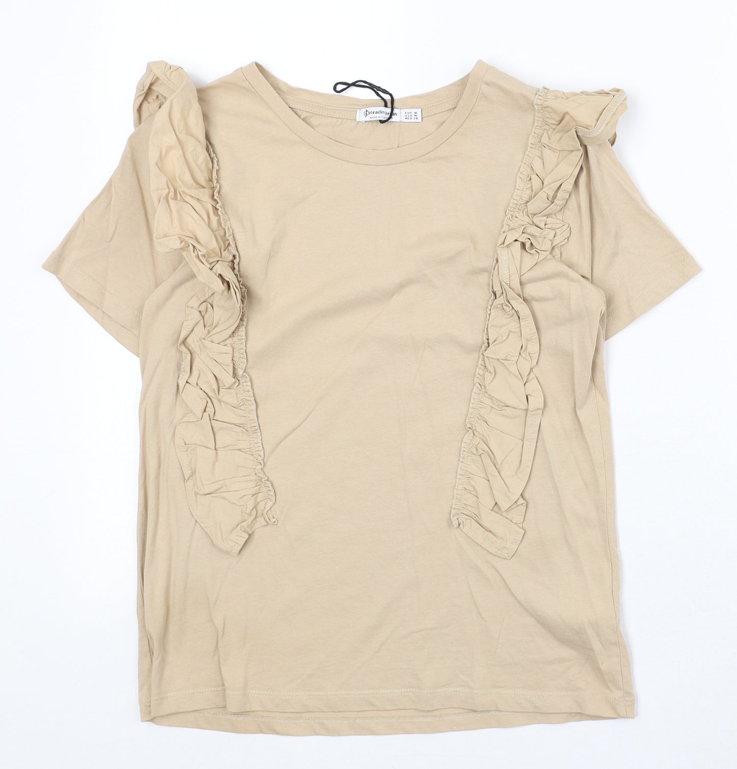 Stradivarius Womens Beige 100% Cotton Basic T-Shirt Size M Round Neck