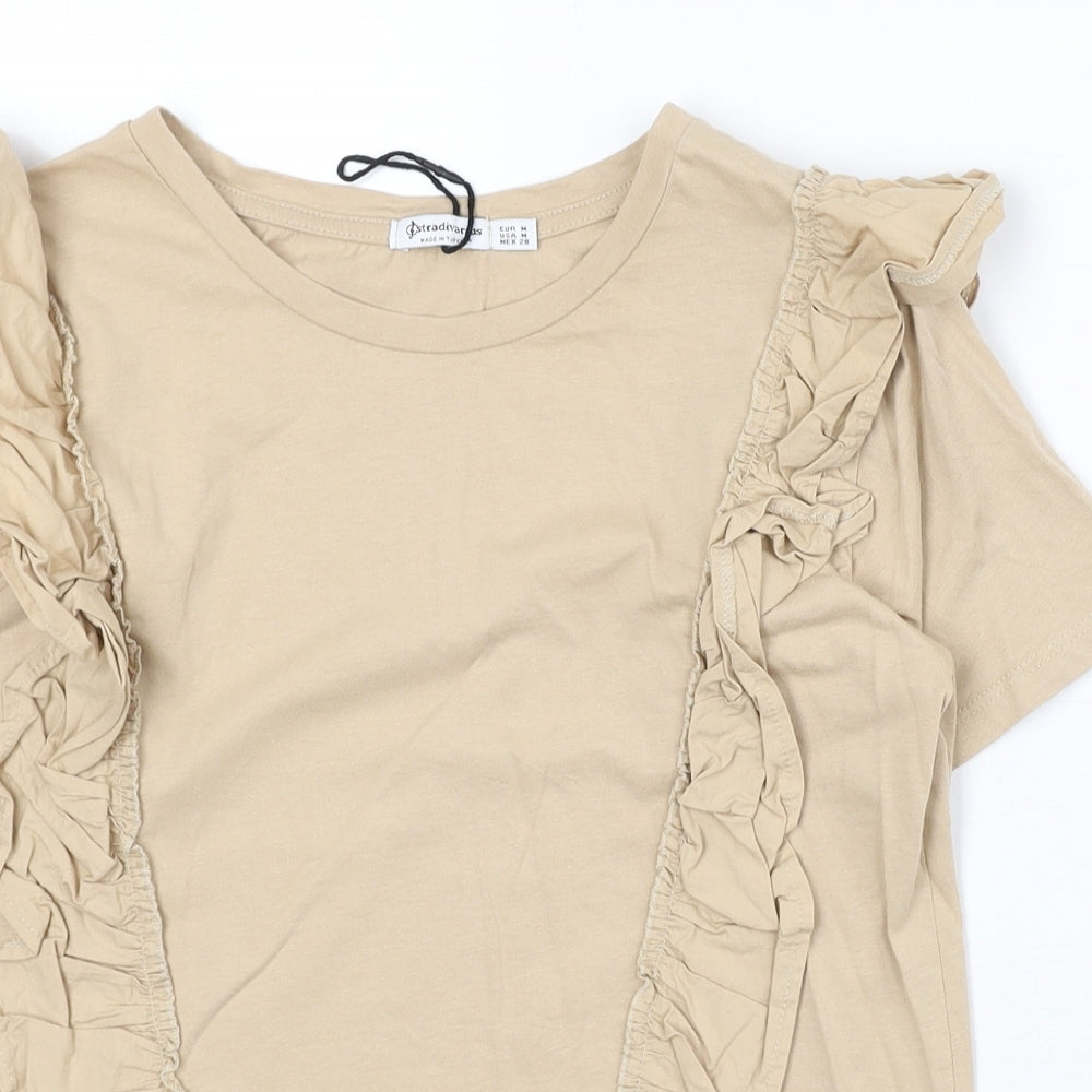 Stradivarius Womens Beige 100% Cotton Basic T-Shirt Size M Round Neck