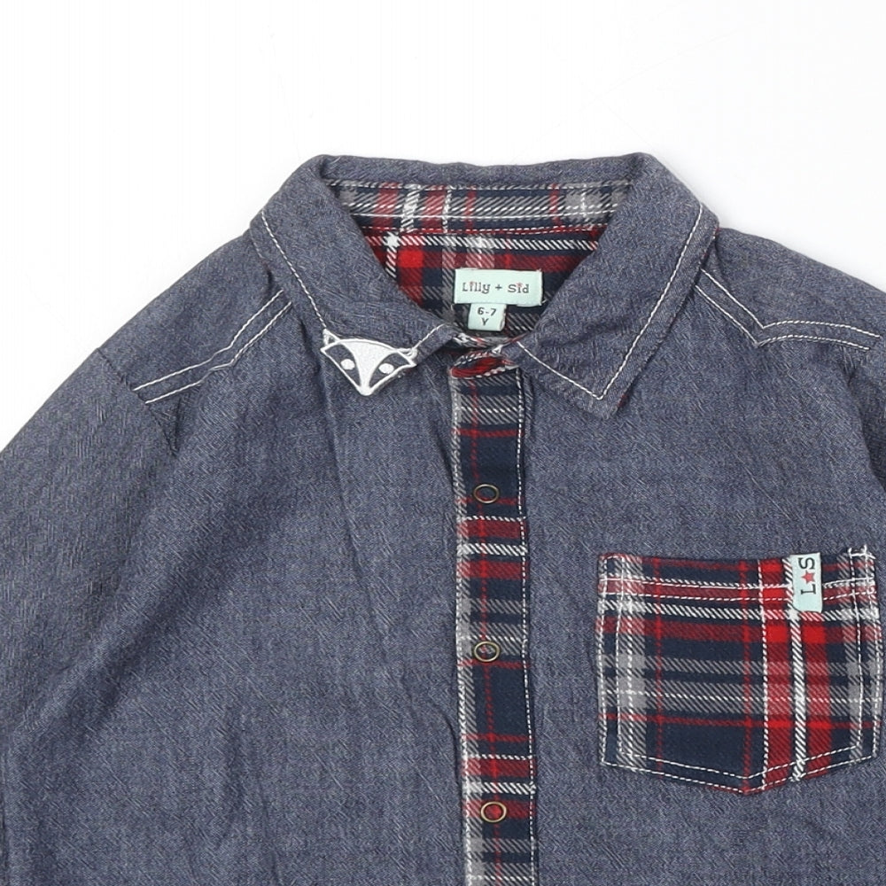 Lily & Sid Boys Blue Geometric 100% Cotton Basic Button-Up Size 6-7 Years Collared Snap