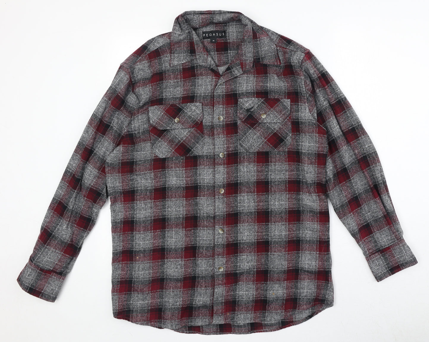 Pegasus Mens Grey Plaid Cotton Button-Up Size M Collared Button