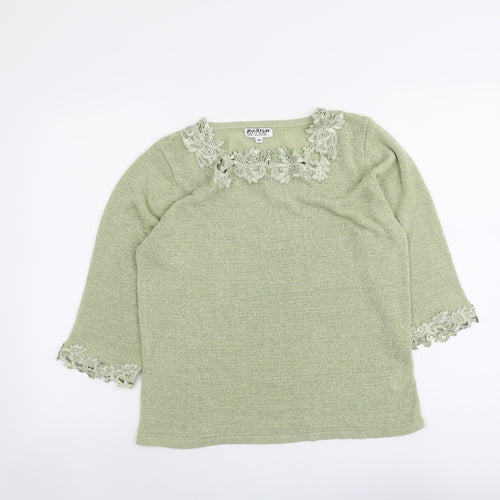 Fay Louise Womens Green Boat Neck Acrylic Pullover Jumper Size M - Crocheted Lace Trim