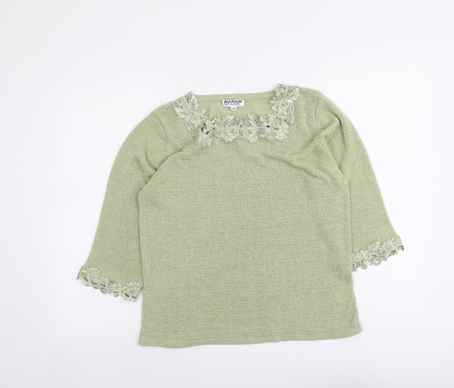 Fay Louise Womens Green Boat Neck Acrylic Pullover Jumper Size M - Crocheted Lace Trim