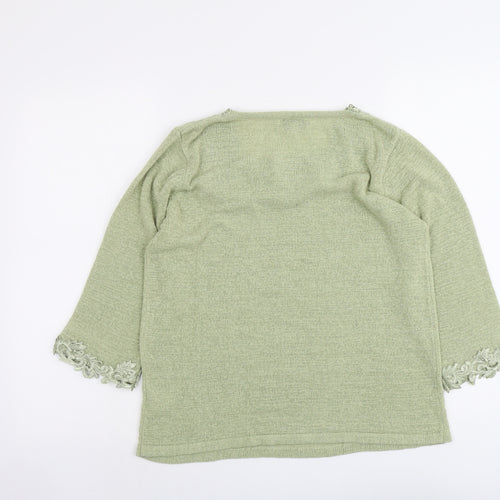 Fay Louise Womens Green Boat Neck Acrylic Pullover Jumper Size M - Crocheted Lace Trim