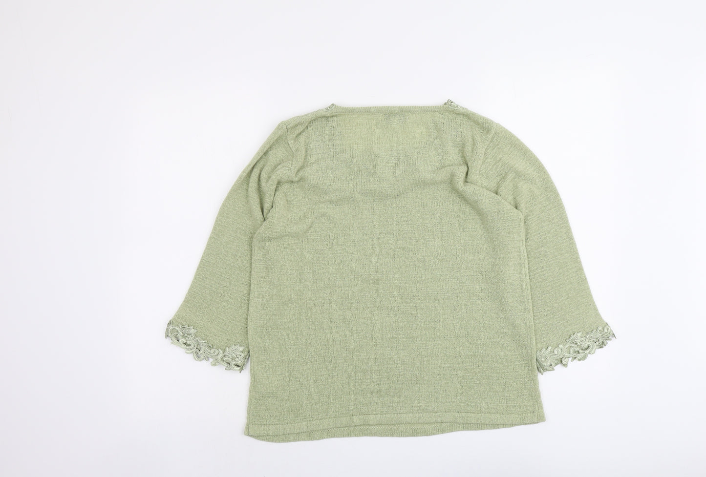 Fay Louise Womens Green Boat Neck Acrylic Pullover Jumper Size M - Crocheted Lace Trim