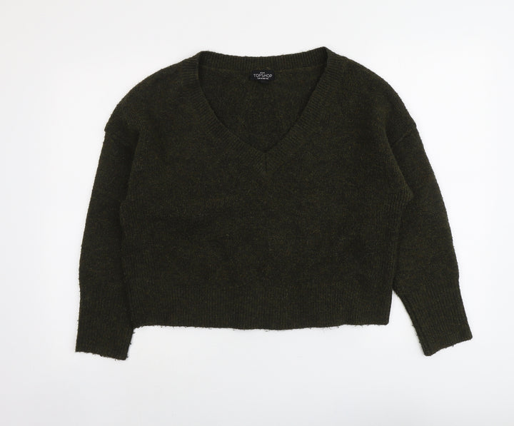 Topshop Womens Green V-Neck Acrylic Pullover Jumper Size 6