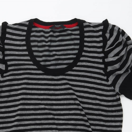 BHS Womens Grey Scoop Neck Striped Viscose Pullover Jumper Size 16 - Ruched Sleeves