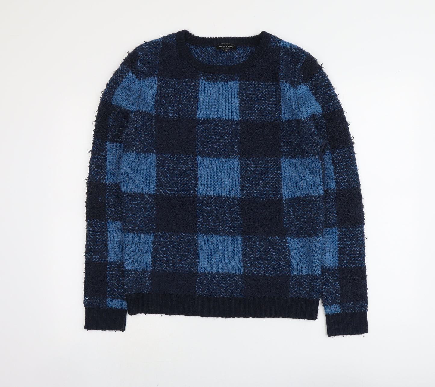 New Look Womens Blue Boat Neck Check Polyester Pullover Jumper Size 10