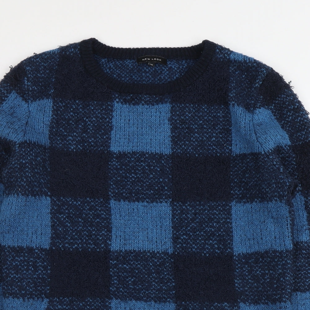New Look Womens Blue Boat Neck Check Polyester Pullover Jumper Size 10
