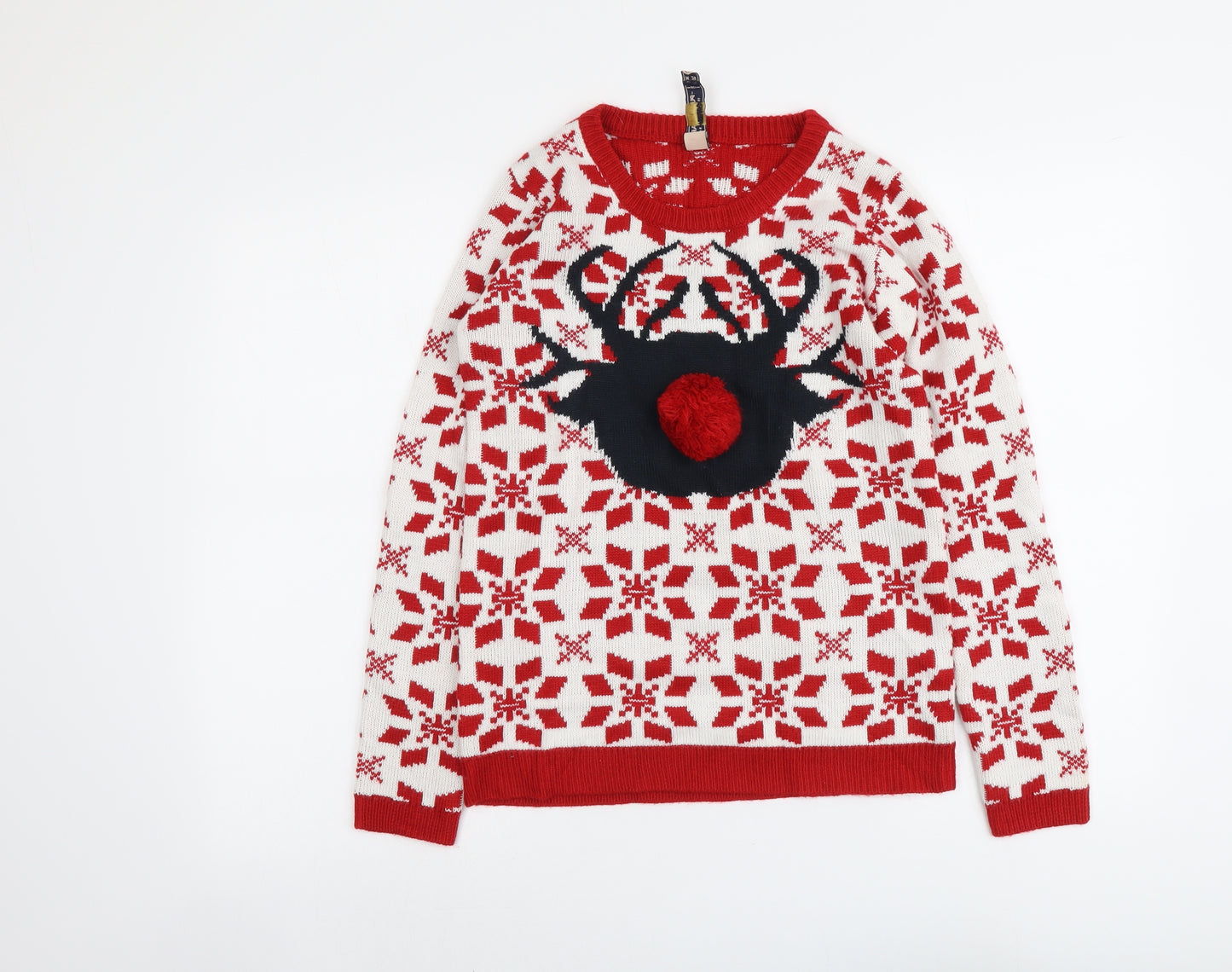 Pull&Bear Womens Red Round Neck Fair Isle Acrylic Pullover Jumper Size M - Reindeer Christmas