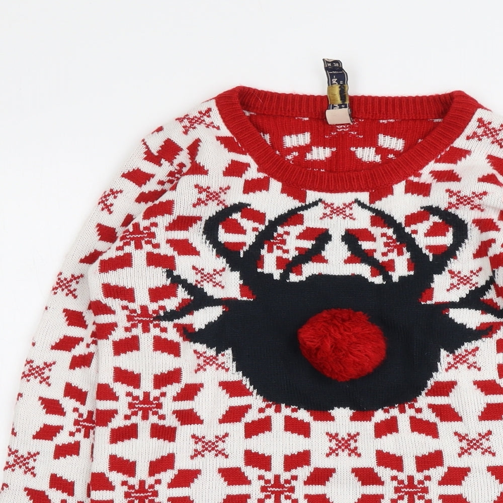 Pull&Bear Womens Red Round Neck Fair Isle Acrylic Pullover Jumper Size M - Reindeer Christmas