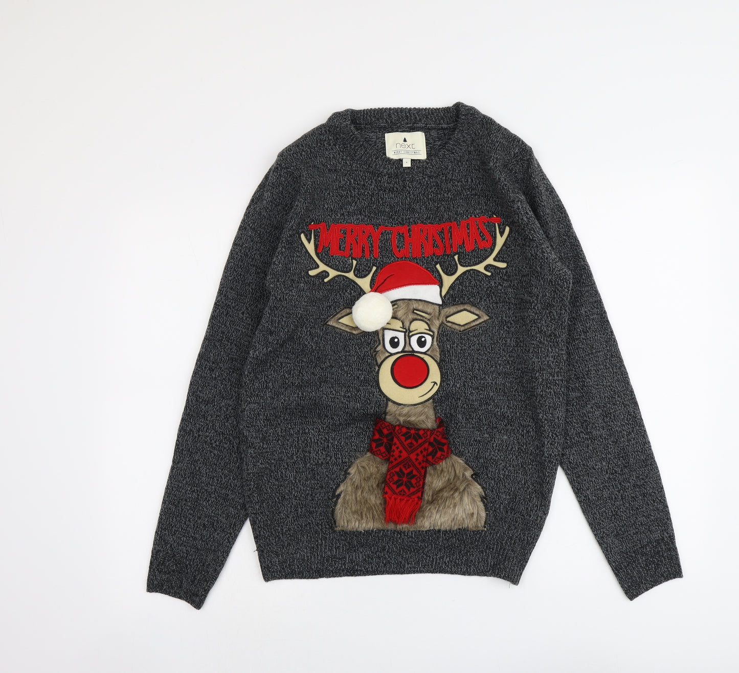 NEXT Mens Grey Round Neck Acrylic Pullover Jumper Size S Long Sleeve - Christmas Rudolph