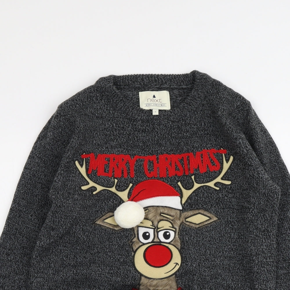 NEXT Mens Grey Round Neck Acrylic Pullover Jumper Size S Long Sleeve - Christmas Rudolph