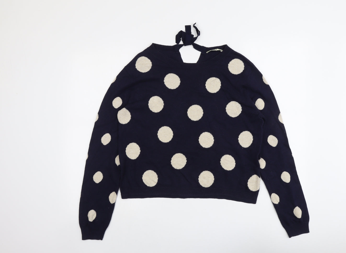 Oasis Womens Blue V-Neck Polka Dot Cotton Pullover Jumper Size L