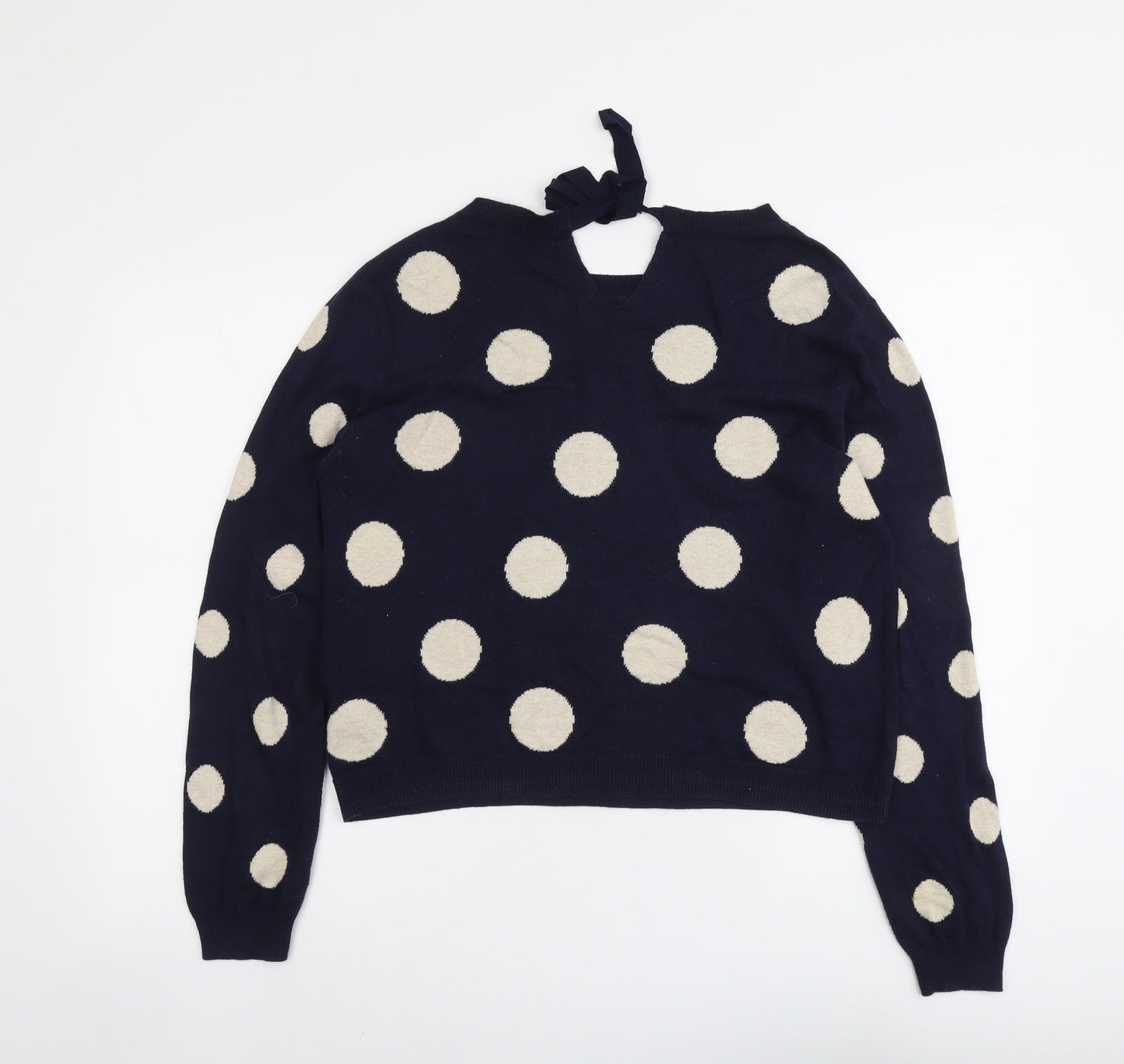 Oasis Womens Blue V-Neck Polka Dot Cotton Pullover Jumper Size L