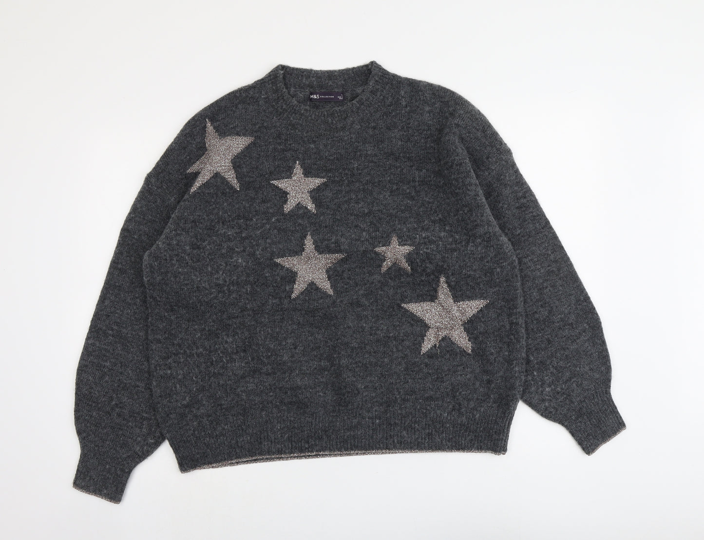 Marks and Spencer Womens Grey Round Neck Polyester Pullover Jumper Size L - Star Pattern