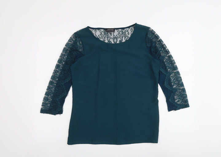 Warehouse Womens Green Viscose Basic Blouse Size 12 Round Neck - Lace Details